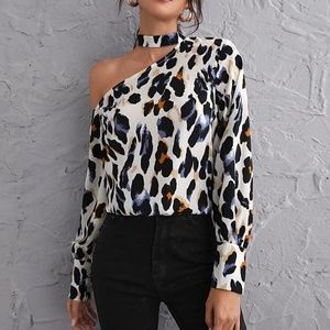 Shein Cut Out Shoulder Leopard Print Blouse